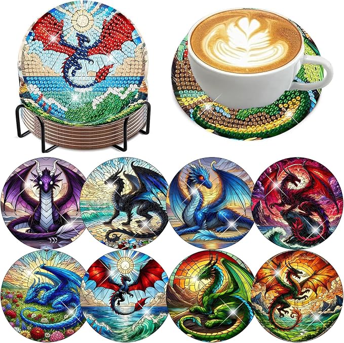 Zythron 8 Pack Diamond Art Coasters, Dragon Diamond Painting Coasters Kits | by Zythron