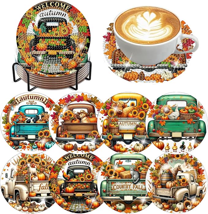 8 Pack Diamond Art Coasters, Autumn Truck Diamond Painting Coasters Kits | Fall by Zythron