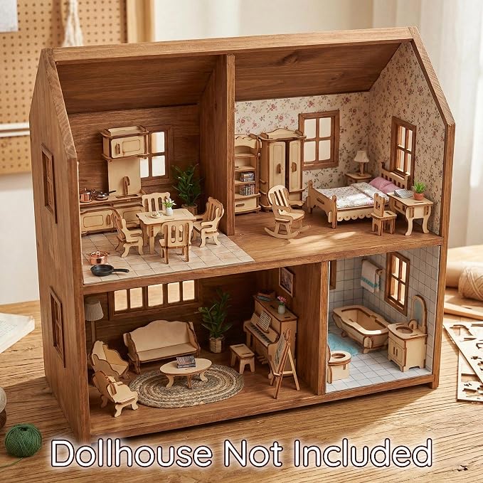 BOHS 34-Piece Dollhouse Furniture Set -1/24 Scale, Laser Cut Wooden 3D Puzzles - Image 3