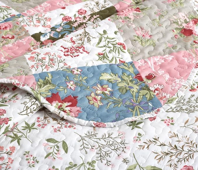 Brilliant Sunshine Peach and Olive Flowers Patchwork, 2-Piece Quilt Set - Image 5