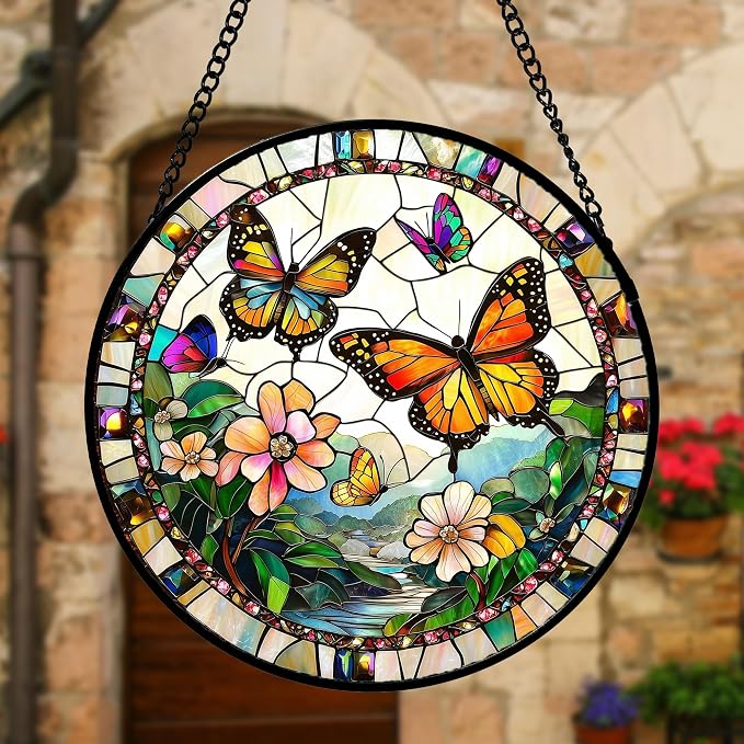 DASTOLL Stained Glass Window Hanging, Butterflies Flying in the Sky Suncatcher - Image 4