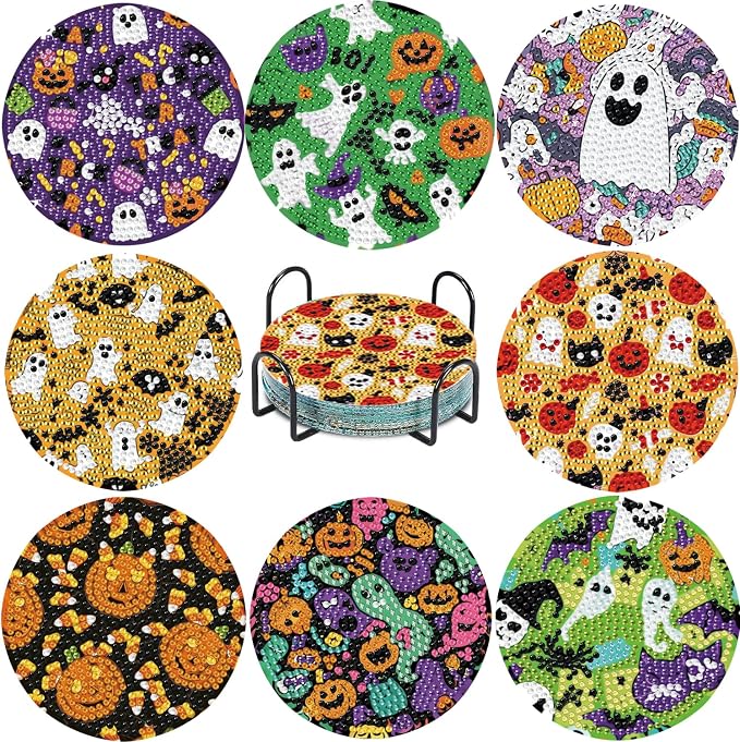 EWJRNSF 8 PCS Cute Ghost Diamond Art Coasters Kit by EWJRNSFDiamondPainting
