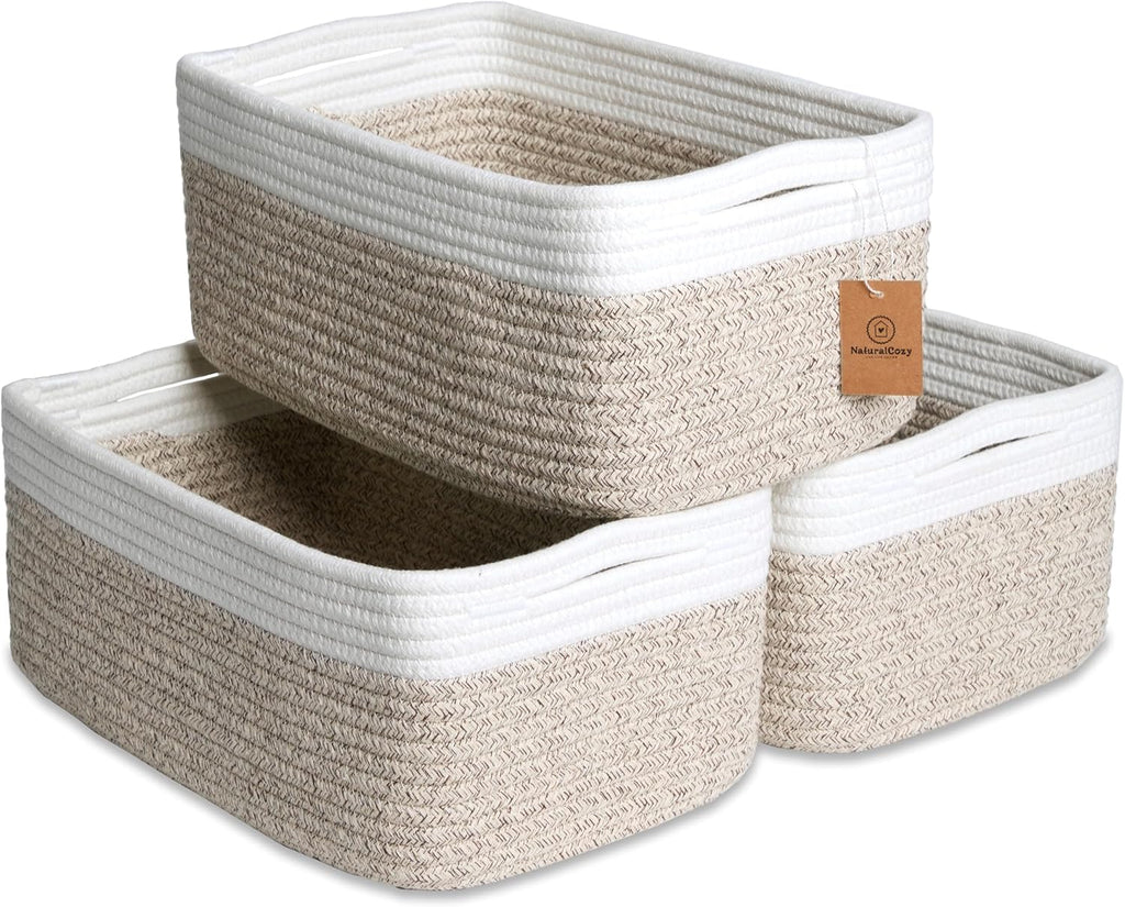 NaturalCozy 13.5”x8.5”x5.5” Storage Baskets for Shelves 3 Pack | Cotton Rope Woven Small Baskets for Organizing | Small Storage Bins for Nursery, Bathroom, Closet, Cube Shelf, Decorative, Gift