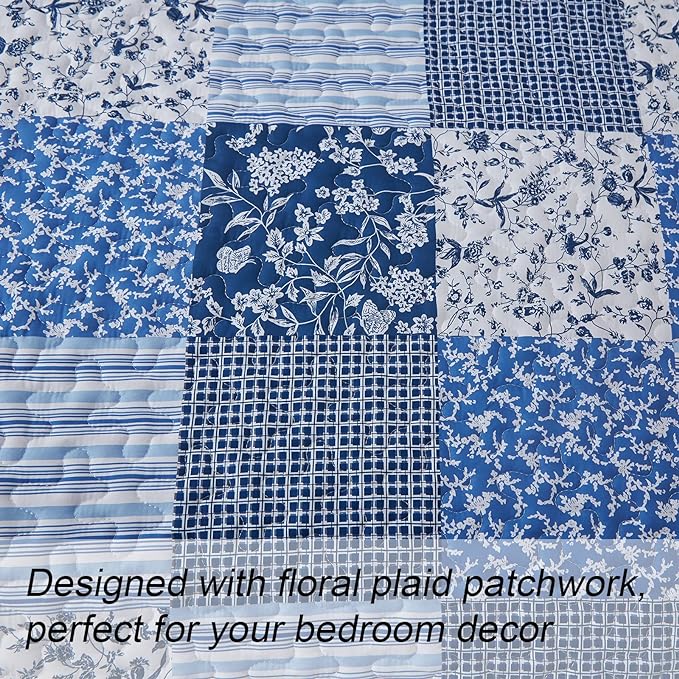 Mybedsoul Blue Boho Quilt Set King Size, 3 Pieces Plaid Floral Bedspread - Image 4