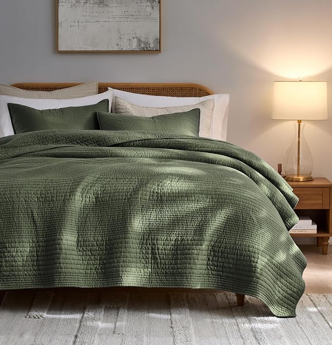 palassio Striped Olive Green 100% Cotton Quilt King Size Bedding Sets, by PALASSIO
