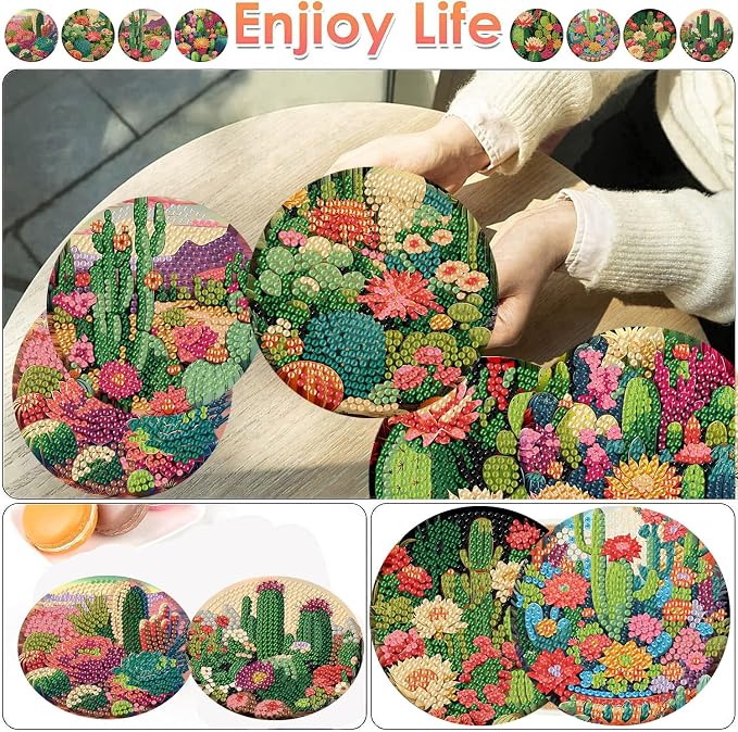 ijbnhd 8 Pcs Cactus Diamond Art Coasters Kit Diamond Painting Coasters | Cactus - Image 2