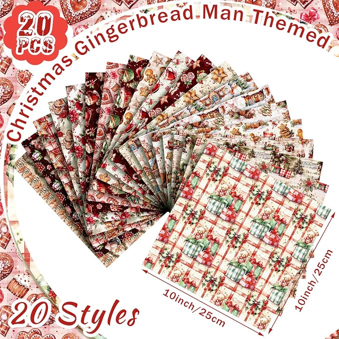 HunnmingRe 20 Pcs 10''x10'' Christmas Gingerbread Man Quilting Fabric Square - Image 2