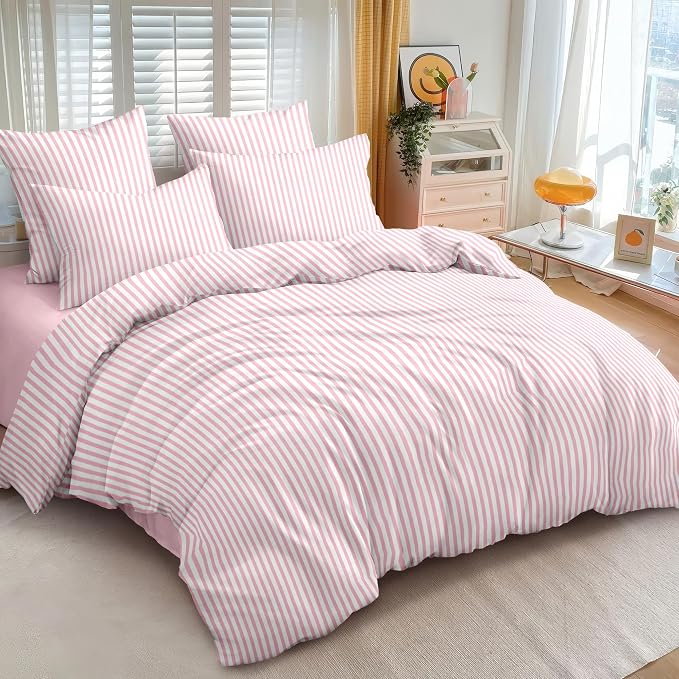 Nayoroom Pink Striped Duvet Cover Full Size White Stripe Duvet Cover Dorm - Image 2