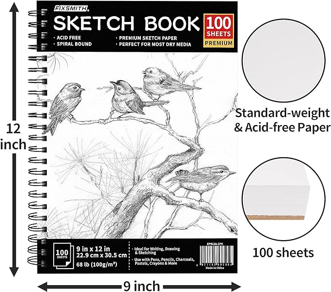 FIXSMITH 9"X12" Sketch Book, 100 Sheets, 68 lb/100gsm | 100 Sheets, Bright White - Image 3