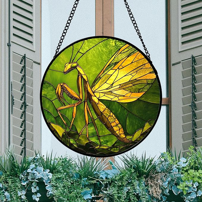 DASTOLL Stained Glass Window Hanging 4 Pcs Set Green Plants Yellow Insect Theme - Image 3