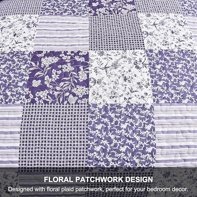 Mybedsoul Purple Quilt Set Full Size, 3 Pieces Plaid Floral Bedspread Set - Image 7