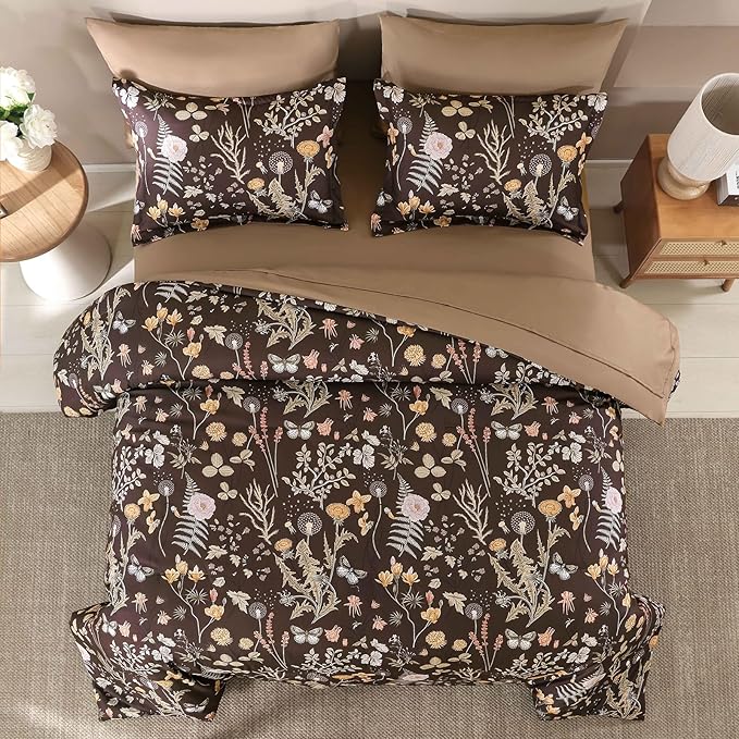 Yiran Brown Comforter Set Queen Size, 7 Piece Floral Comforter Bedding Set - Image 3