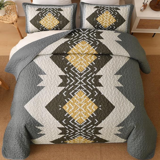 Dintszyayue Grey Boho Quilt Set Queen, Aztec Western Quilt Bedspread Set - Image 3