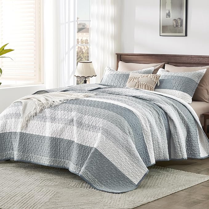 Andency Grey Striped Quilt Set Cal King, 3 Pieces Patchwork Bedspread Coverlet - Image 2