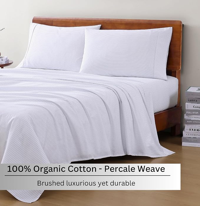 LANE LINEN 100% Organic Printed Cotton Sheets Twin Size, Classic Ticking Stripe - Image 3