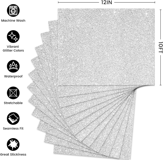 Glitter HTV Heat Transfer Vinyl, Silve 12pcs 12" x 10" Iron-on Vinyl | Iron On - Image 2