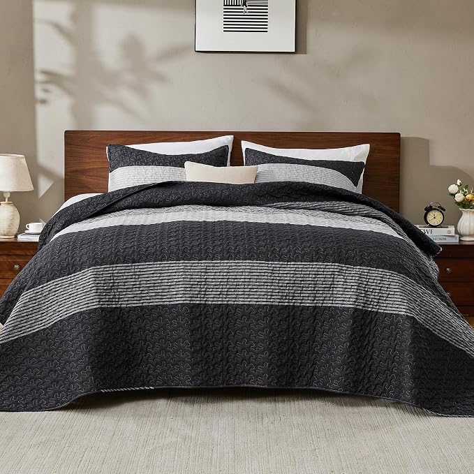 Andency California King Quilt Set Black and White, 3 Pieces Grey Ultra Soft - Image 3
