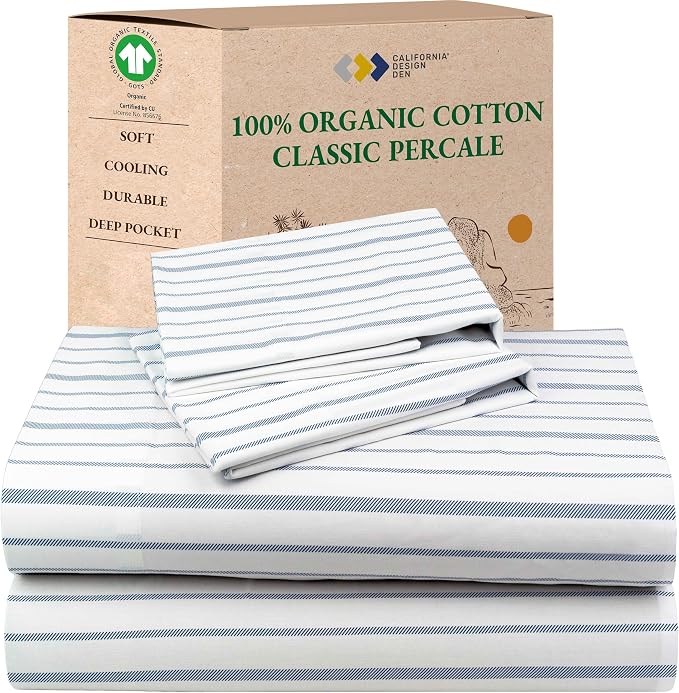 California Design Den Full Sheet Set Stripe, 100% Organic Cotton Percale Sheets by CaliforniaDesignDen