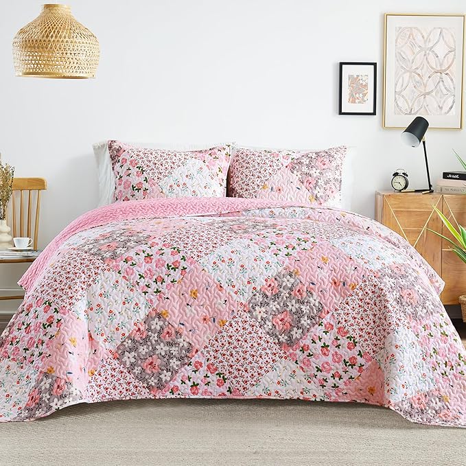 Whale Flotilla Patchwork Quilts Queen Size, Extra Soft Boho Floral Bedspreads by WHALEFLOTILLA