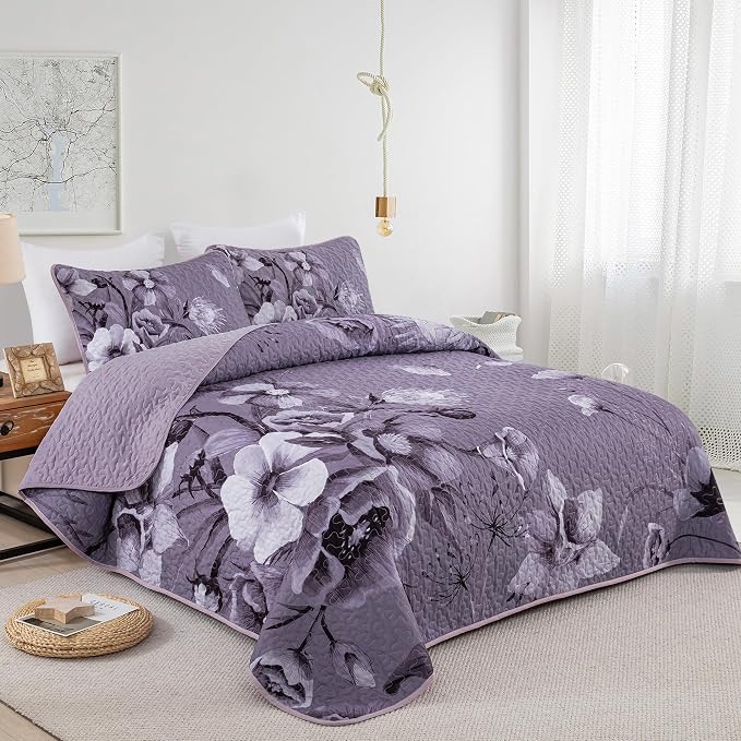 Floral Quilt Set King Size Bedding Set 3 Pieces Dark Purple Boho Floral Quilt - Image 2