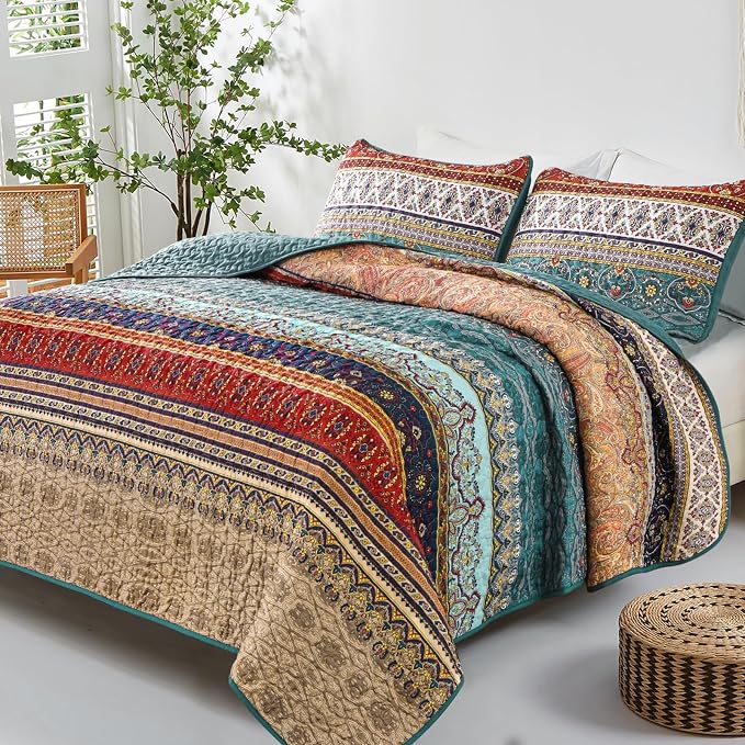 WONGS BEDDING Boho Queen Quilt Set, Lightweight Microfiber Bed Decor Bedspread - Image 2