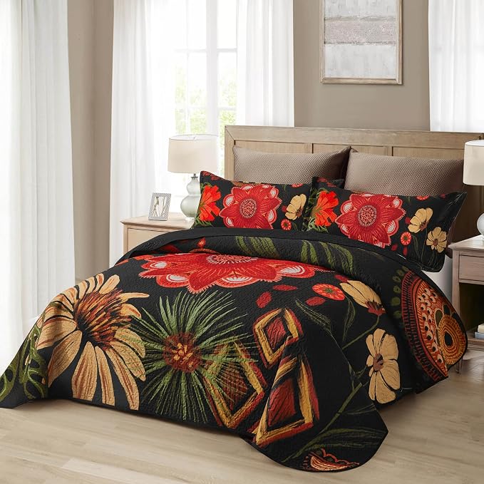 Tyrot 3 Piece Black Red Boho Floral Quilt Sets King Size Farmhouse Reversible - Image 2