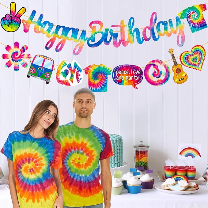 C L cooper life Tie Dye Happy Birthday Banner, Art Theme Party Decorations - Image 6