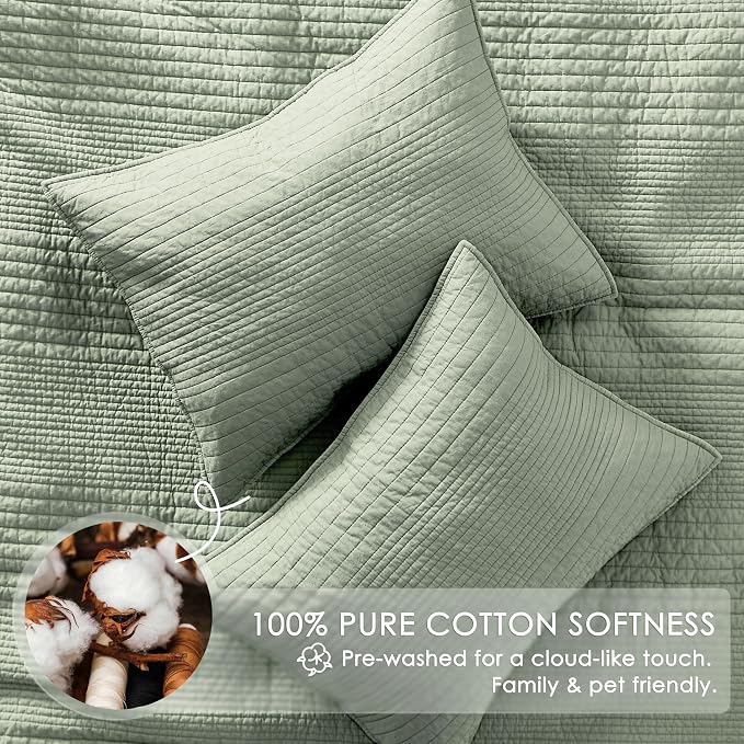 palassio Striped Sage Green 100% Cotton Quilt Twin Size Bedding Sets, - Image 4