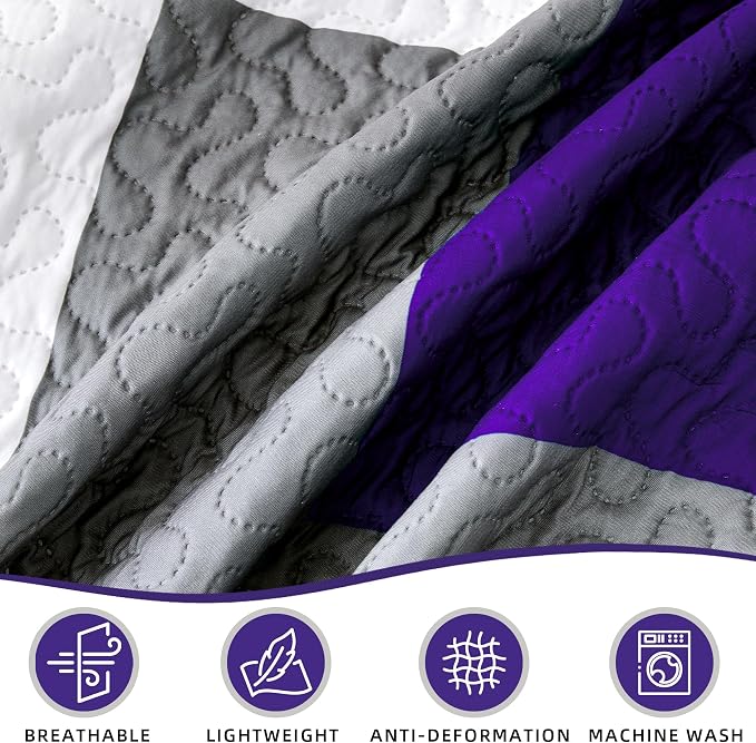 Tyrot 3 Piece Dark Purple Grey Quilt Set Full/Queen Size Black White Geometric - Image 6