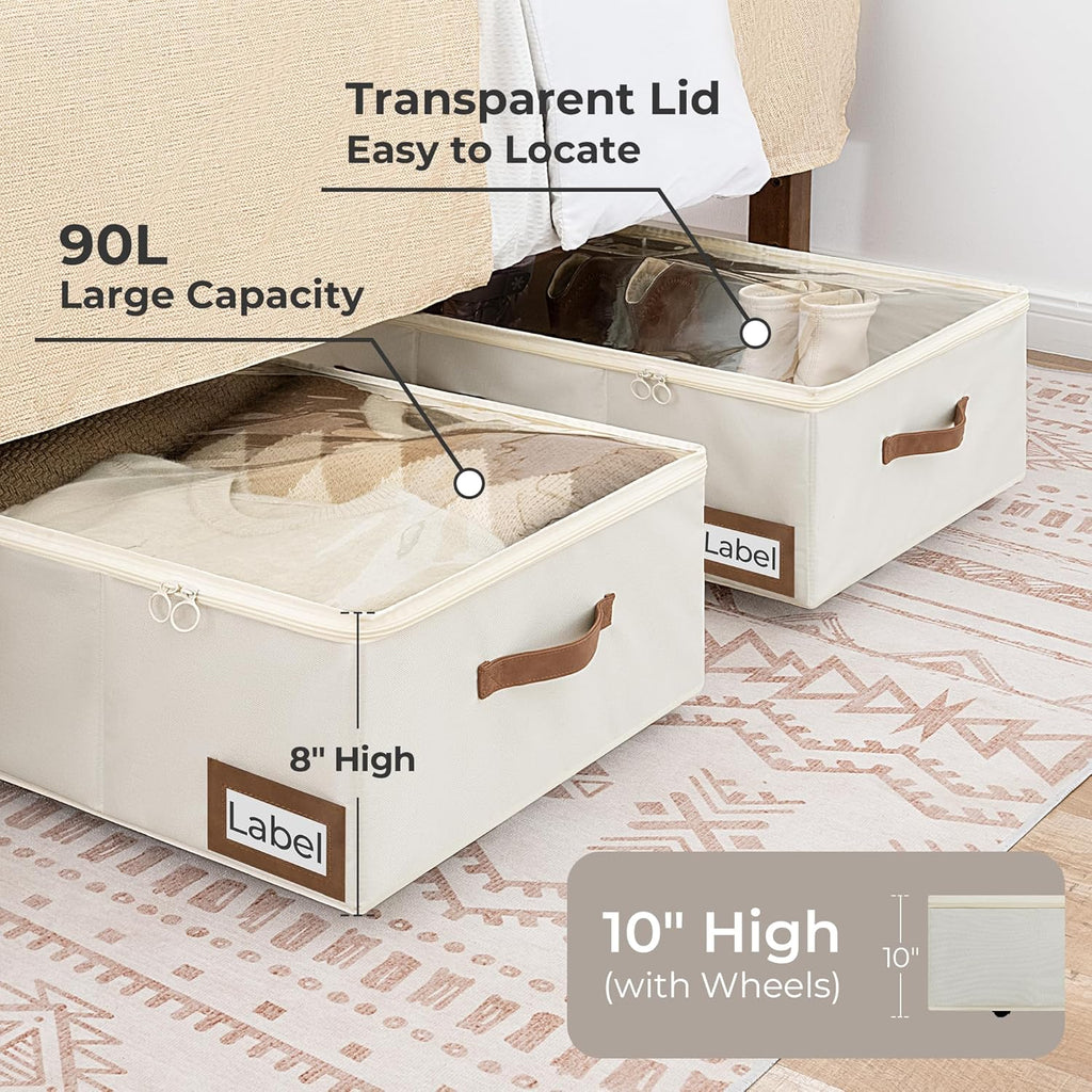 StorageWorks Under Bed Storage with Wheels, 10'' Underbed Storage Containers with Lid, 90L Clothes Organizer for Blankets, Sweaters, Bedding, 2-Pack, Beige