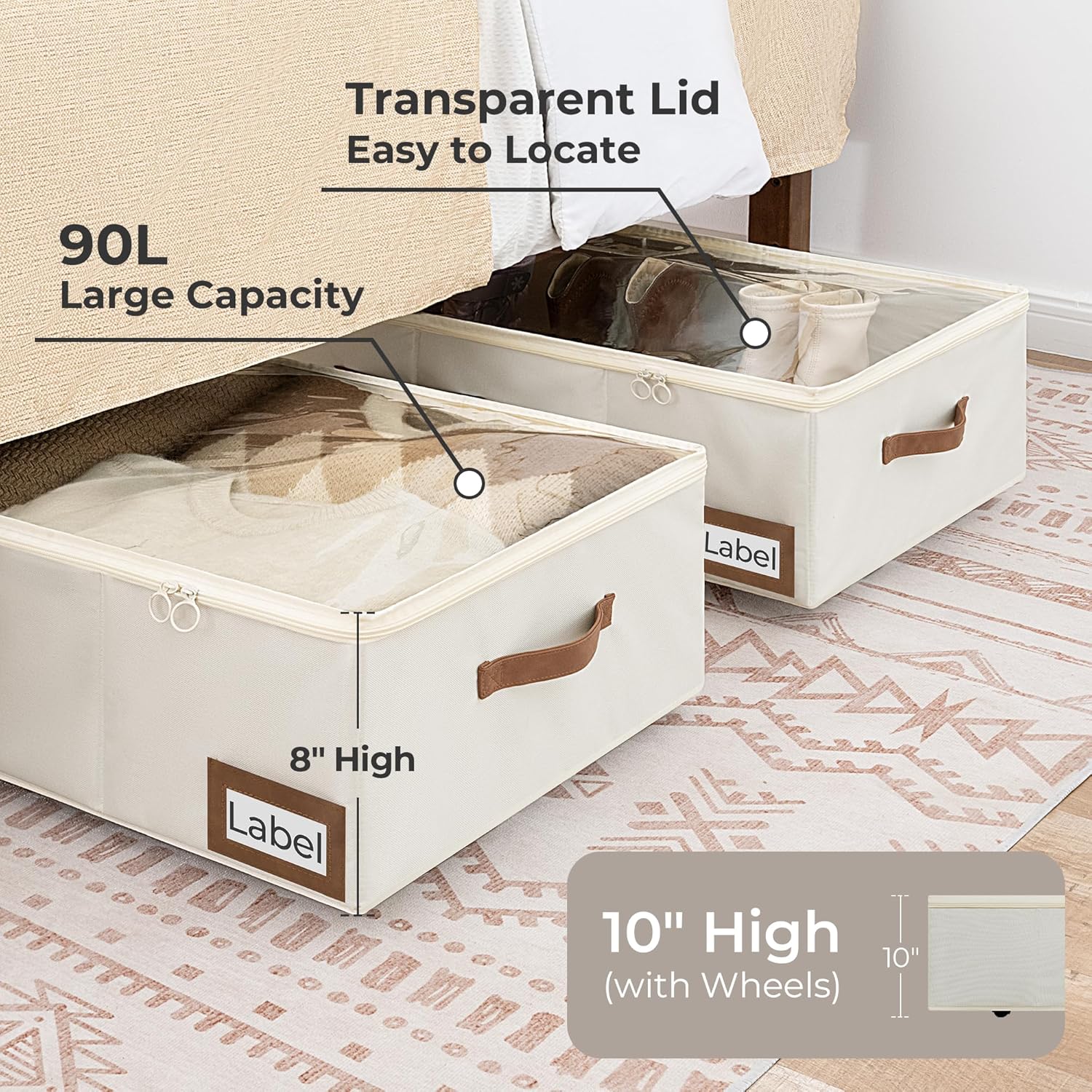 StorageWorks Under Bed Storage with Wheels, 10'' Underbed Storage Containers with Lid, 90L Clothes Organizer for Blankets, Sweaters, Bedding, 2-Pack, Beige