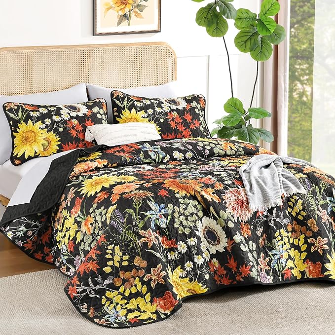 Yiran Black Yellow Full Size Quilt, Floral Bedspreads Bedding Set, 3 Pieces - Image 2