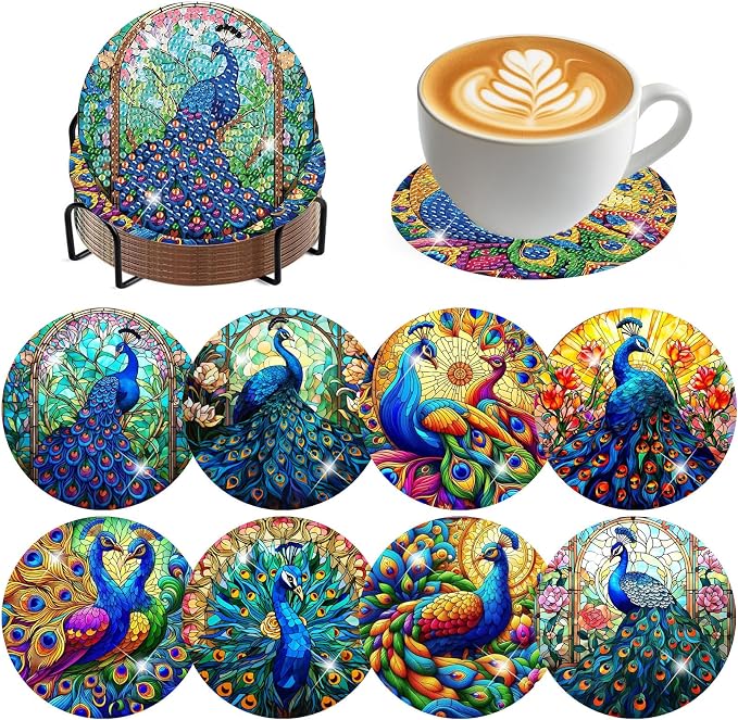 8 Pack Diamond Art Coasters, Peacock animals Diamond Painting Coasters Kits | by Zythron