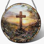 8 Inches Cross Sunset Stained Glass Suncatcher, Christmas Ornament, Window by Unknown