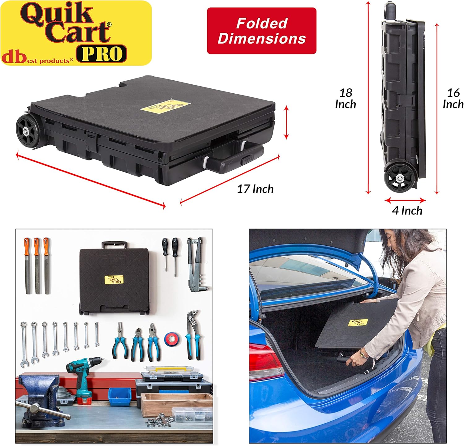 dbest products Quik Cart Pro Wheeled Rolling Crate Teacher Utility with seat Heavy Duty Collapsible Basket with Handle, Black