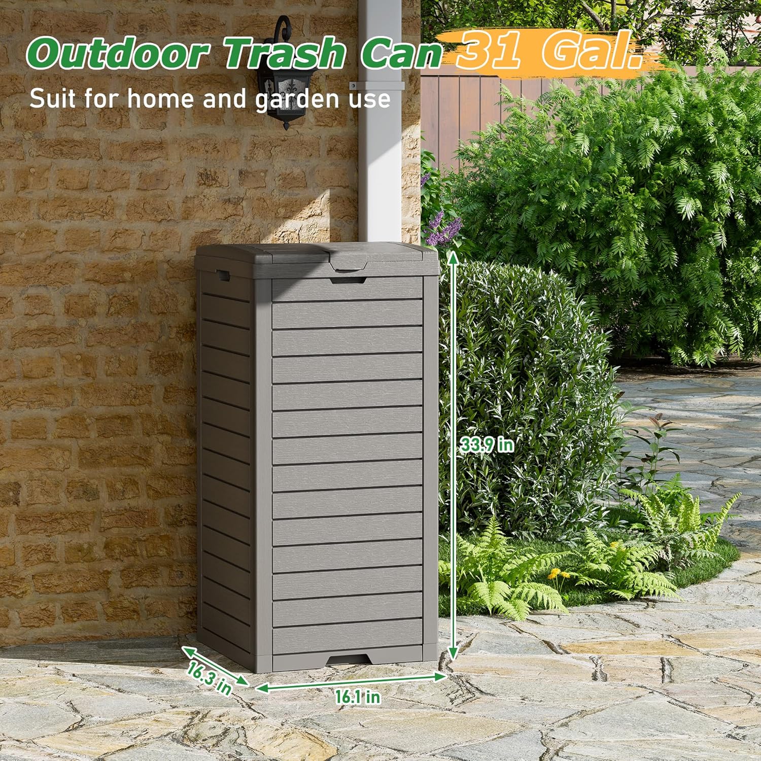 NUNU LAB 31 Gal Outdoor Trash Can with Lid - Heavy Duty Waterproof Resin, Removable Drip Tray, Fits 33-40 Gallon Bags - Large Garbage Bin for Patio, Backyard, Deck