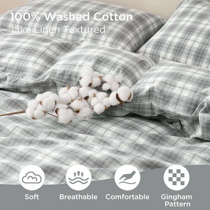 TOCOMOA Plaid Duvet Cover Set 100% Washed Cotton Like Linen Feel Super Soft - Image 5