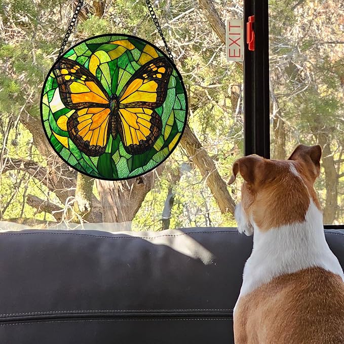 DASTOLL Stained Glass Window Hanging 4 Pcs Set Green Plants Yellow Insect Theme - Image 4
