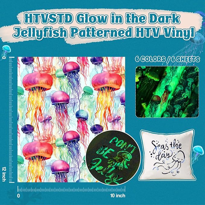 HTVSTD Glow in The Dark Jellyfish Heat Transfer Vinyl 6pcs 12×10in | Luminous - Image 2