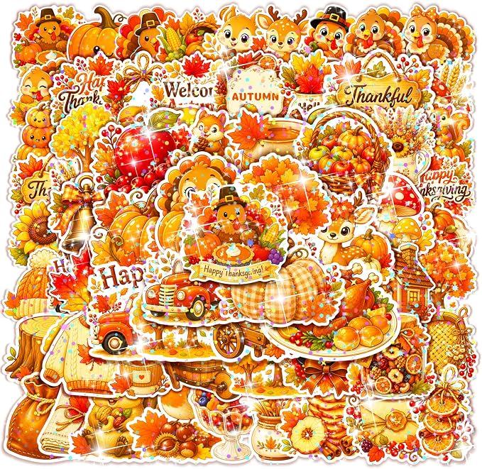 100 Pcs Thanksgiving Fall Waterproof Vinyl Theme Glitter Holographic Stickers by Auconda