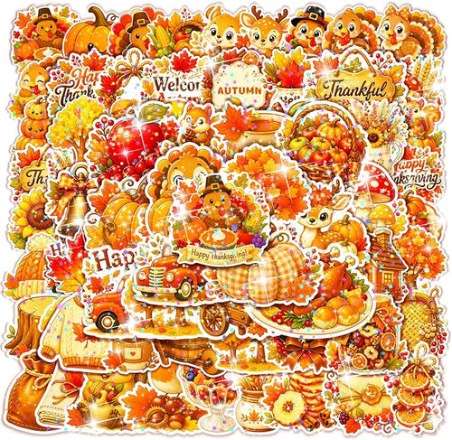 100 Pcs Thanksgiving Fall Waterproof Vinyl Theme Glitter Holographic Stickers by Auconda