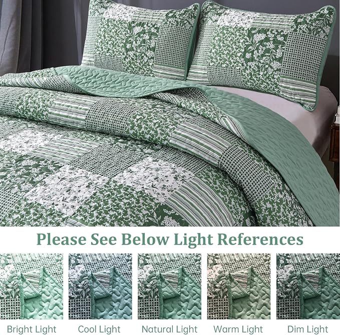Mybedsoul Green Quilt Set Full Size, 3 Pieces Plaid Floral Bedspread Set - Image 4