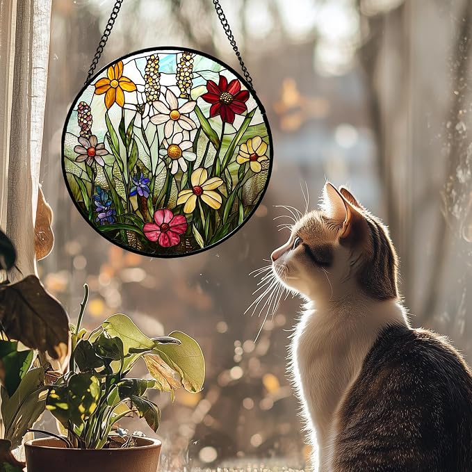 DASTOLL Stained Glass Window Hanging, Colorful Wildflowers Plant Scenery - Image 4