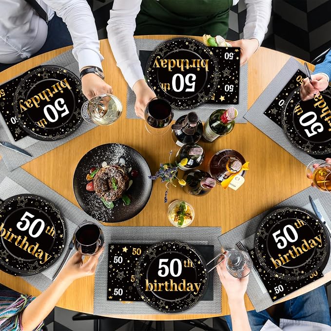 Qyeahkj 48Pcs 50th Birthday Paper Plates and Napkins Black and Gold Happy - Image 5