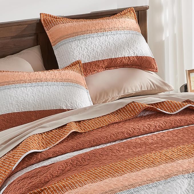 Andency Orange Quilt Queen, 3 Pieces Patchwork Striped Bedspread Coverlet Set - Image 3
