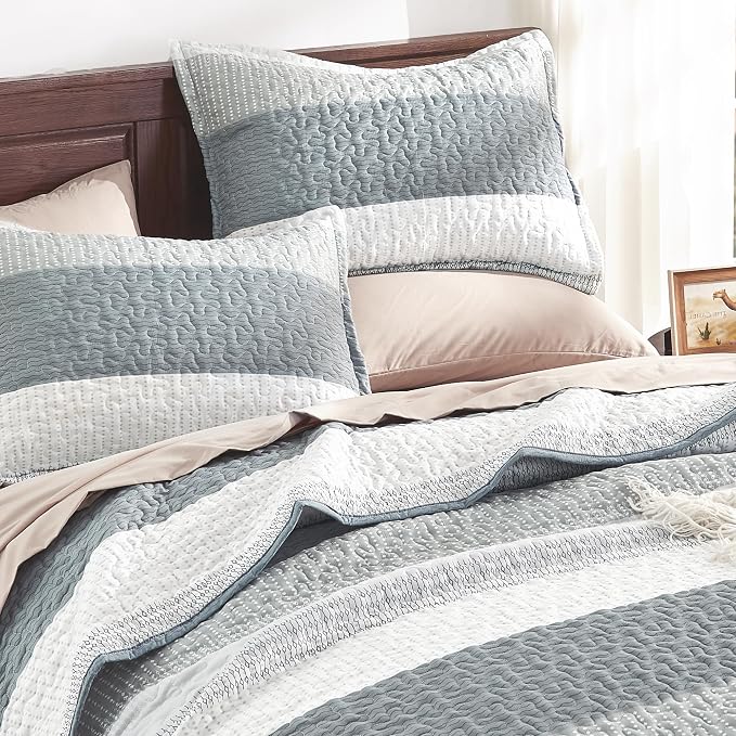 Andency Grey Striped Quilt Twin, 2 Pieces Patchwork Bedspread Coverlet Set - Image 5
