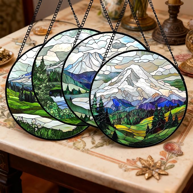 DASTOLL Stained Glass Window Hanging 4 Pcs Set Mountains Lake Green White - Image 2