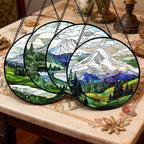 DASTOLL Stained Glass Window Hanging 4 Pcs Set Mountains Lake Green White - Image 2