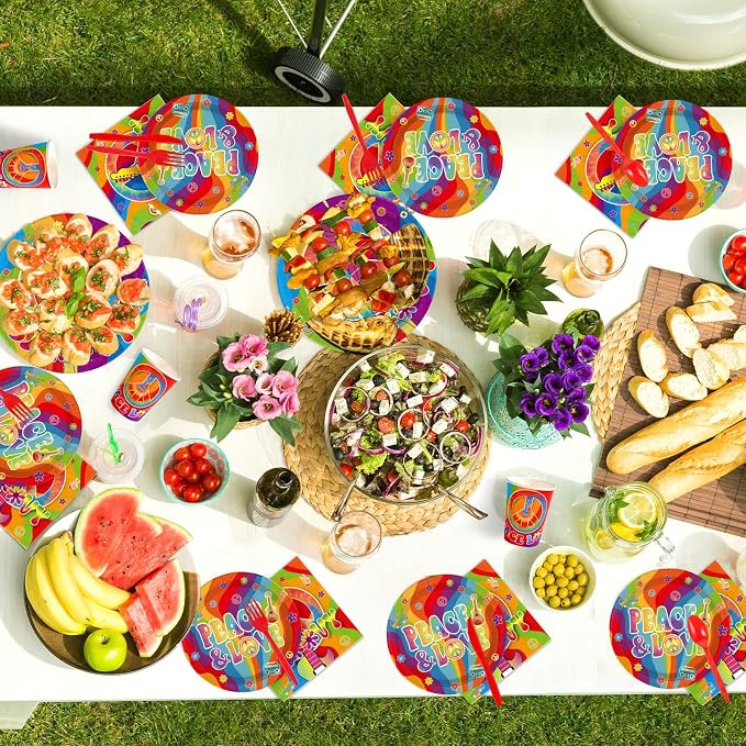 168Pcs Hippie Party Supplies for 60s 70s Hippie Theme Serves 24 | Rainbow Retro - Image 5