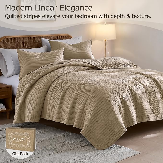 PALASSIO Striped Dark Beige 100% Cotton Quilt California Cal King Size Bedding - Image 2